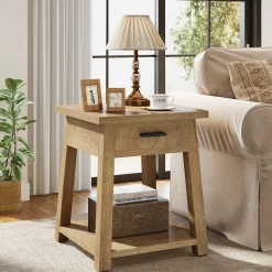 End Table with Drawer, 2 -Tier Wooden Side Table with Shelf Storage