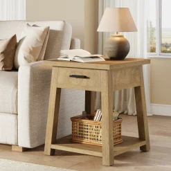 End Table with Drawer, 2 -Tier Wooden Side Table with Shelf Storage
