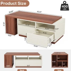 Extendable Coffee Table, Center Table with 2 Drawers and Reversible Tabletop