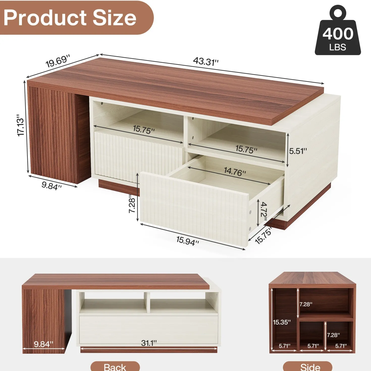 Extendable Coffee Table, Center Table with 2 Drawers and Reversible Tabletop