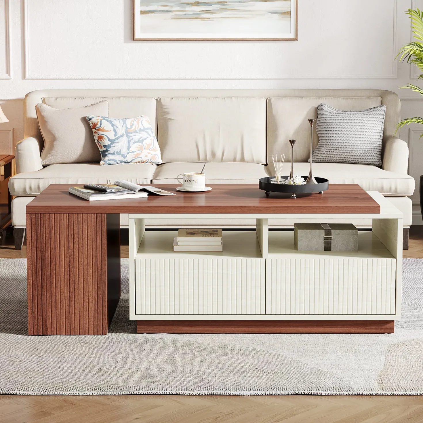 Extendable Coffee Table, Center Table with 2 Drawers and Reversible Tabletop