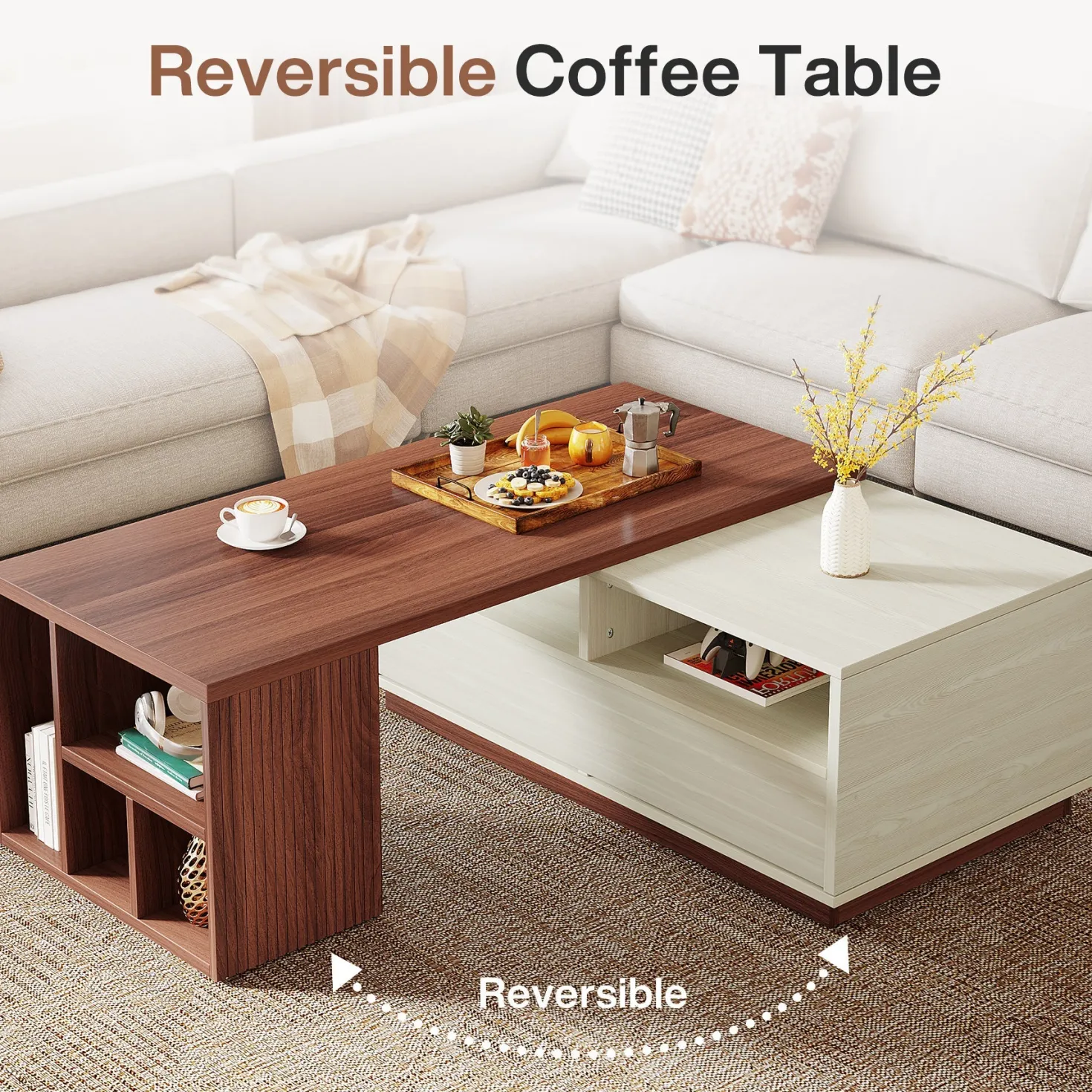 Extendable Coffee Table, Center Table with 2 Drawers and Reversible Tabletop