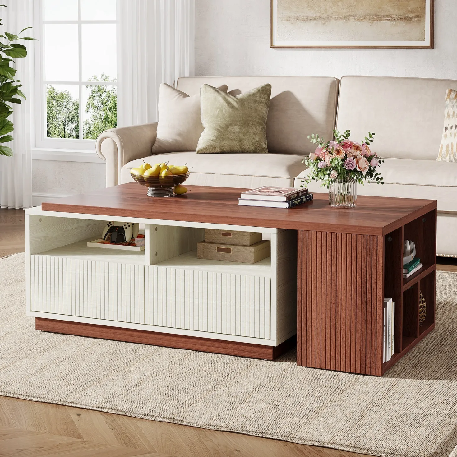 Extendable Coffee Table, Center Table with 2 Drawers and Reversible Tabletop