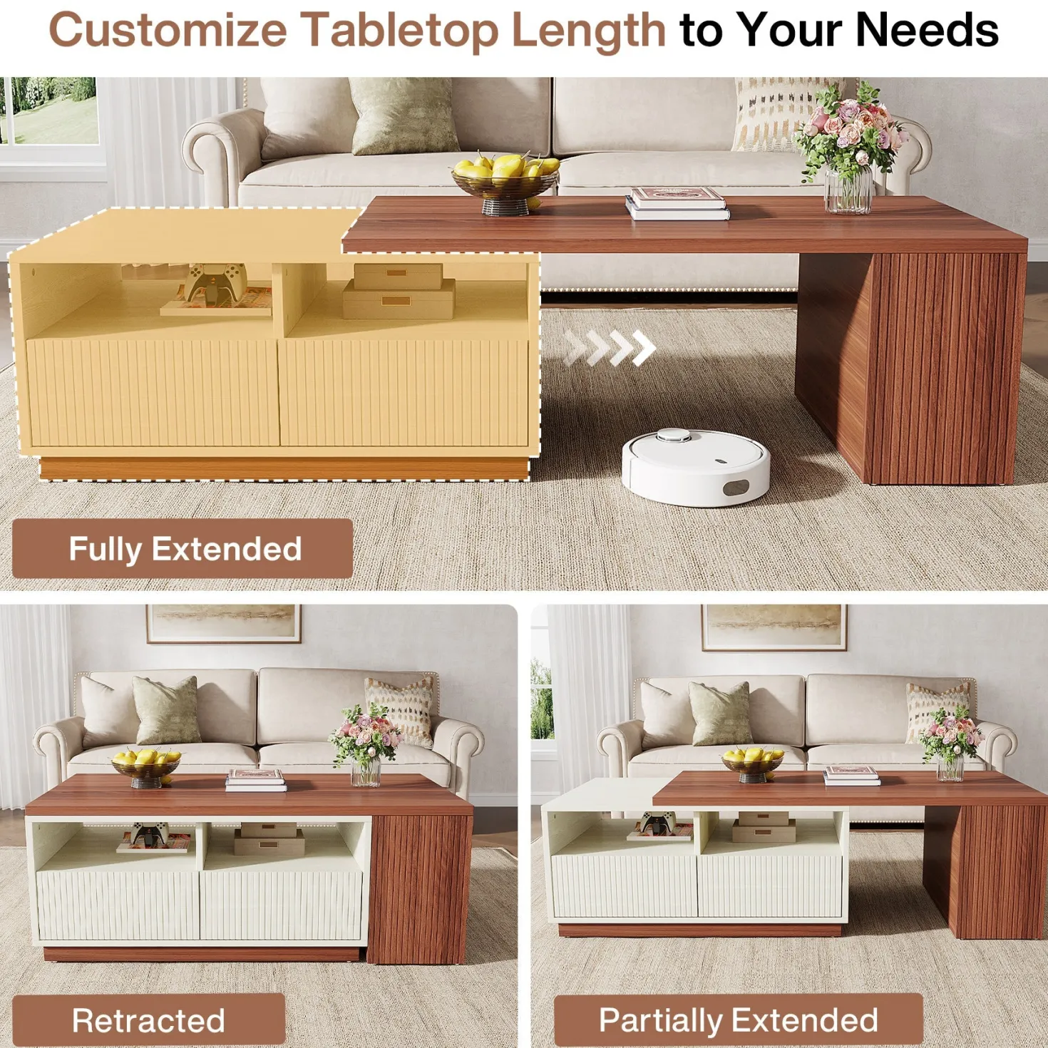 Extendable Coffee Table, Center Table with 2 Drawers and Reversible Tabletop