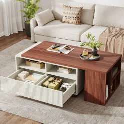 Extendable Coffee Table, Center Table with 2 Drawers and Reversible Tabletop