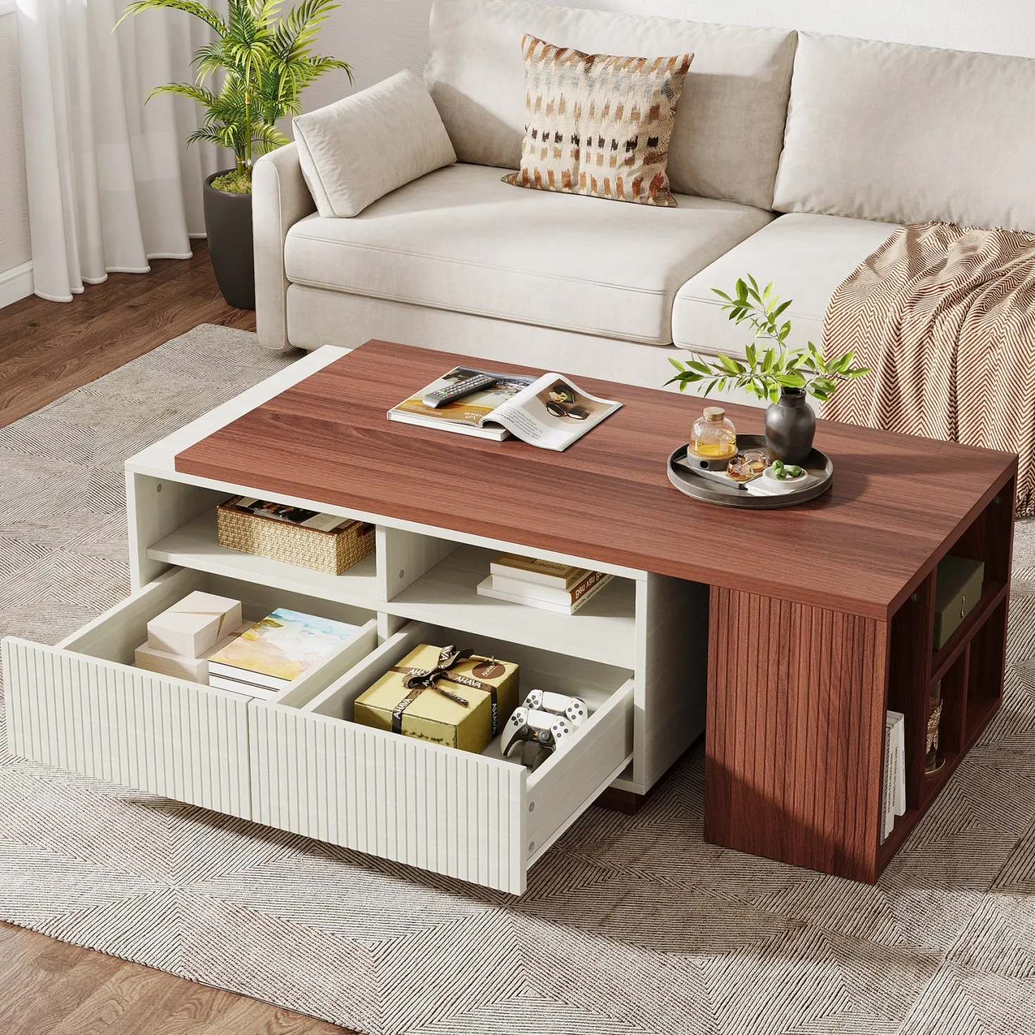 Extendable Coffee Table, Center Table with 2 Drawers and Reversible Tabletop
