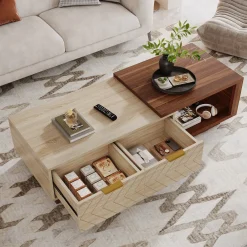 Extendable Coffee Table, Center Table Cocktail Table with 2 Storage Drawers