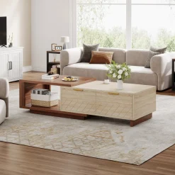 Extendable Coffee Table, Center Table Cocktail Table with 2 Storage Drawers