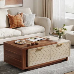 Extendable Coffee Table, Center Table Cocktail Table with 2 Storage Drawers