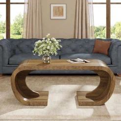 Farmhouse Coffee Table, 47" C-Shaped Center Table with Curved Base