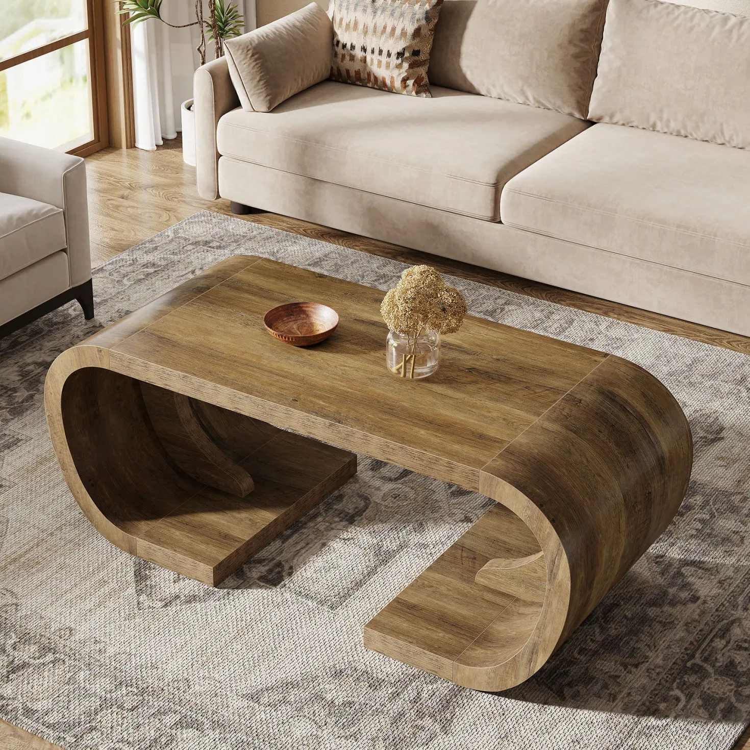 Farmhouse Coffee Table, 47" C-Shaped Center Table with Curved Base