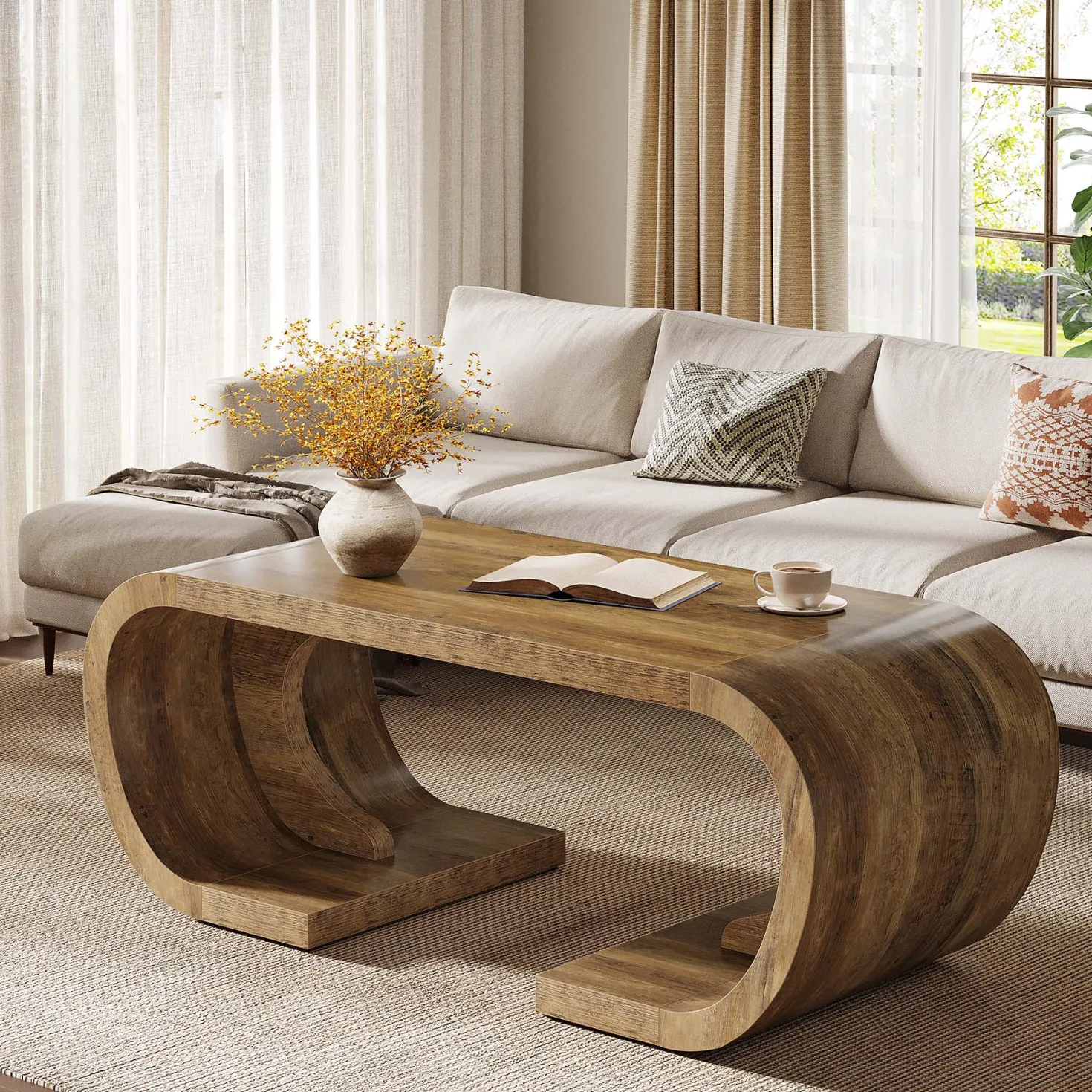 Farmhouse Coffee Table, 47" C-Shaped Center Table with Curved Base