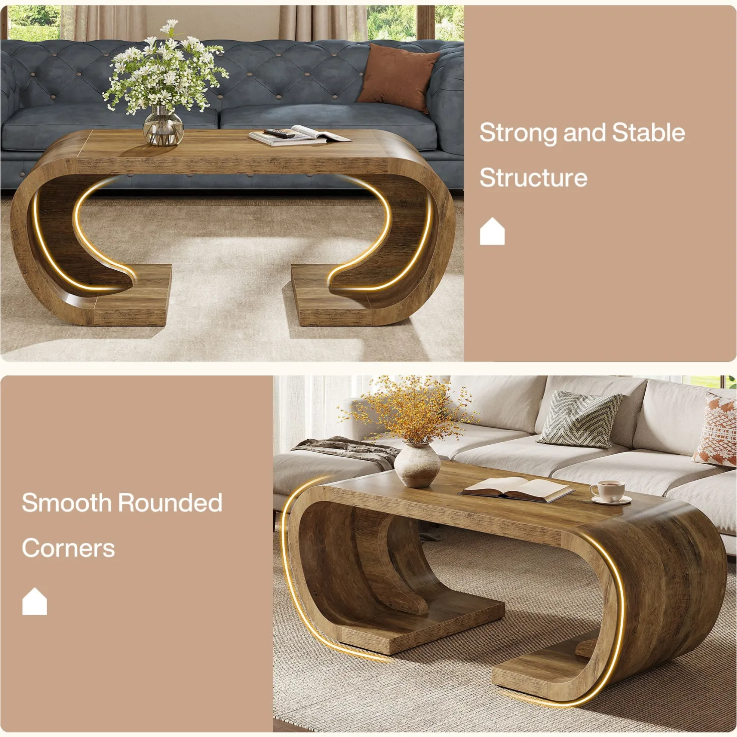 Farmhouse Coffee Table, 47" C-Shaped Center Table with Curved Base