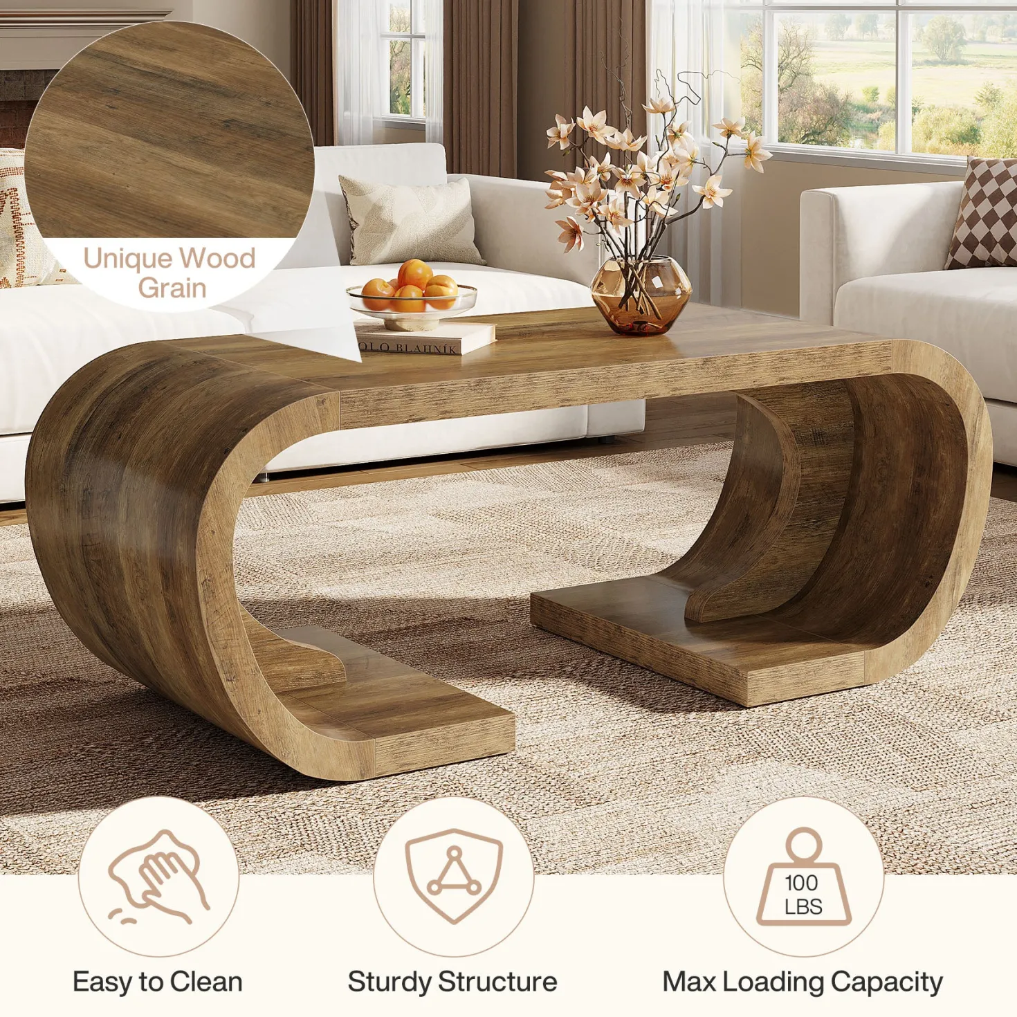 Farmhouse Coffee Table, 47" C-Shaped Center Table with Curved Base
