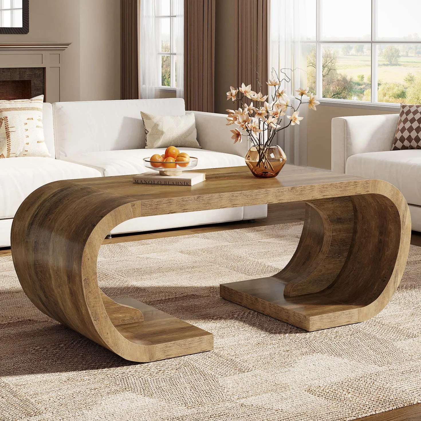 Farmhouse Coffee Table, 47" C-Shaped Center Table with Curved Base
