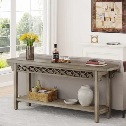 Farmhouse Console Table, 70.8" Narrow Wood Sofa Table with Storage