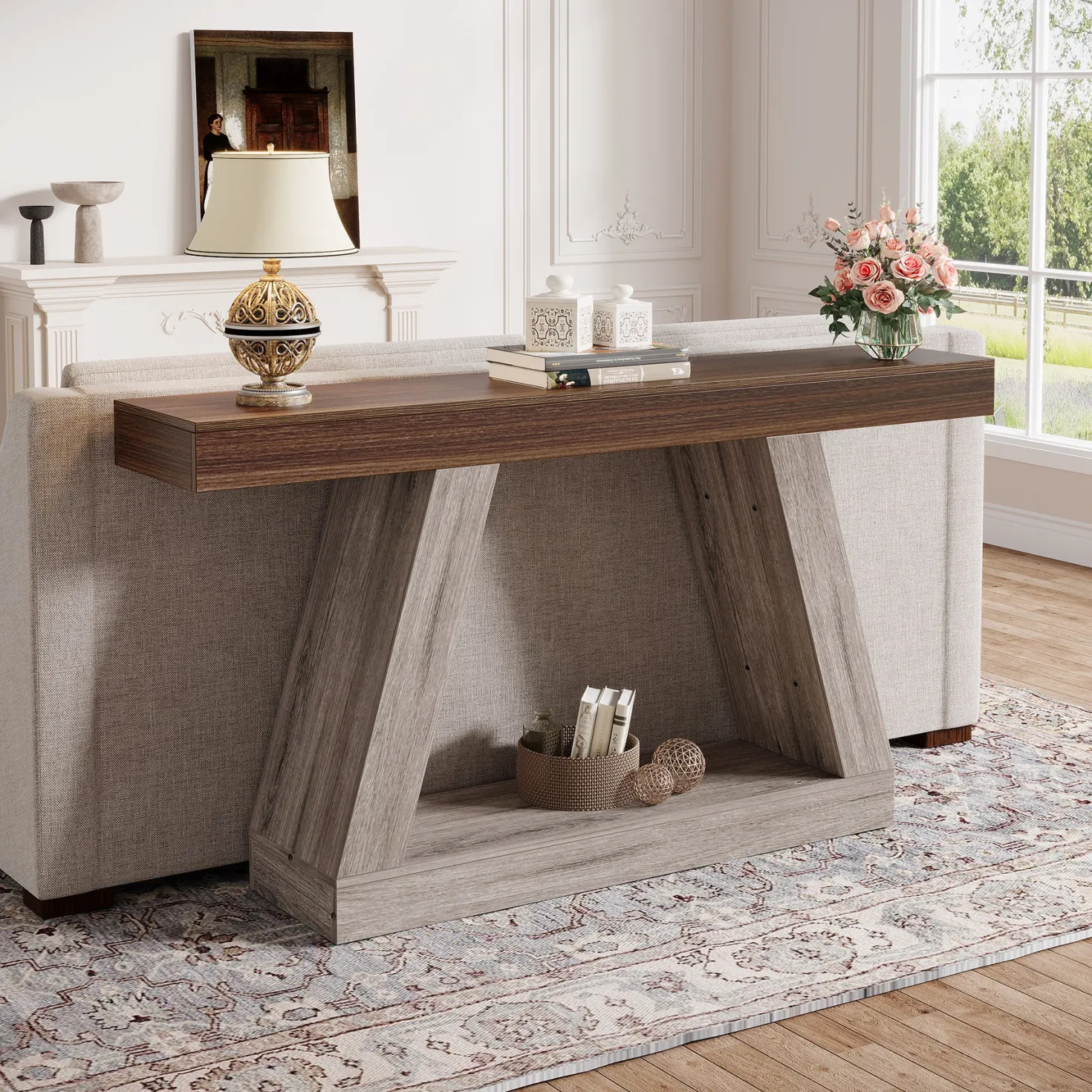 Farmhouse Console Table, 55" Sofa Table with Storage