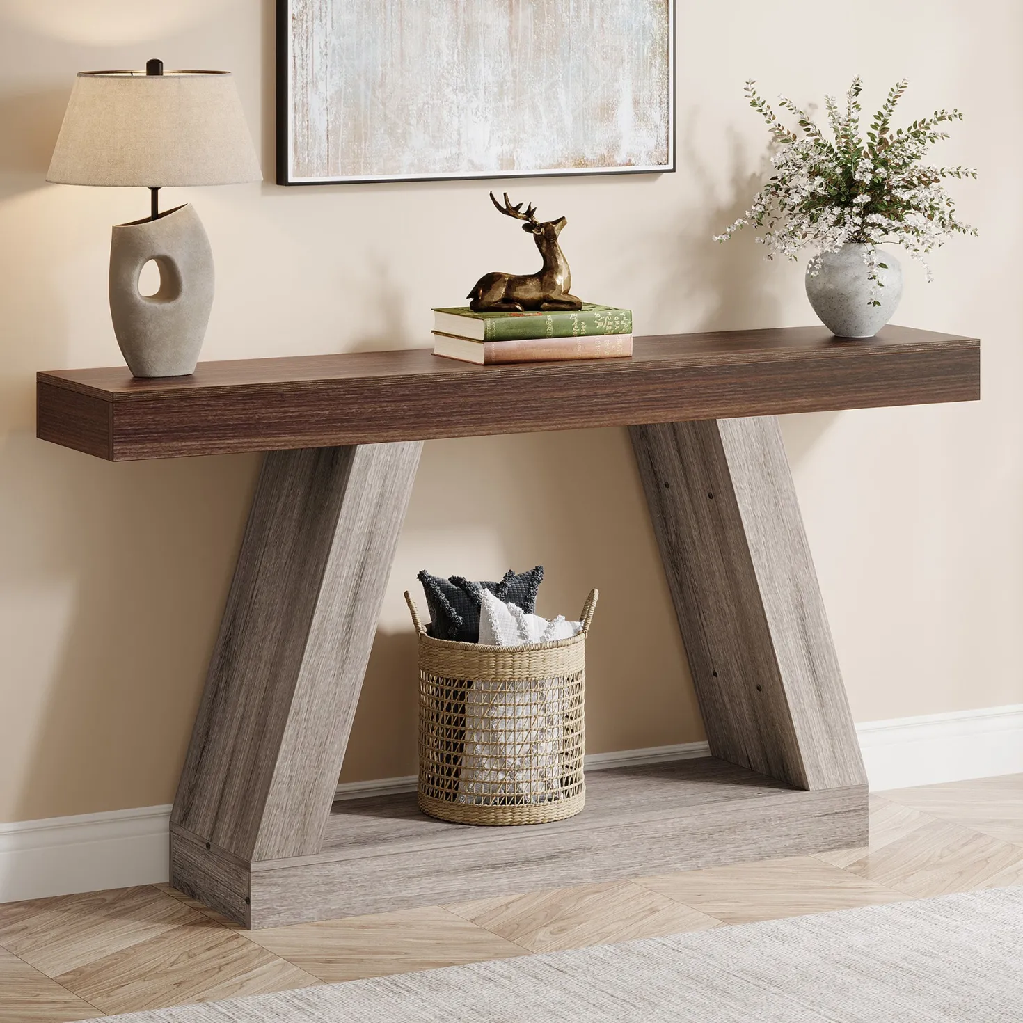 Farmhouse Console Table, 55" Sofa Table with Storage