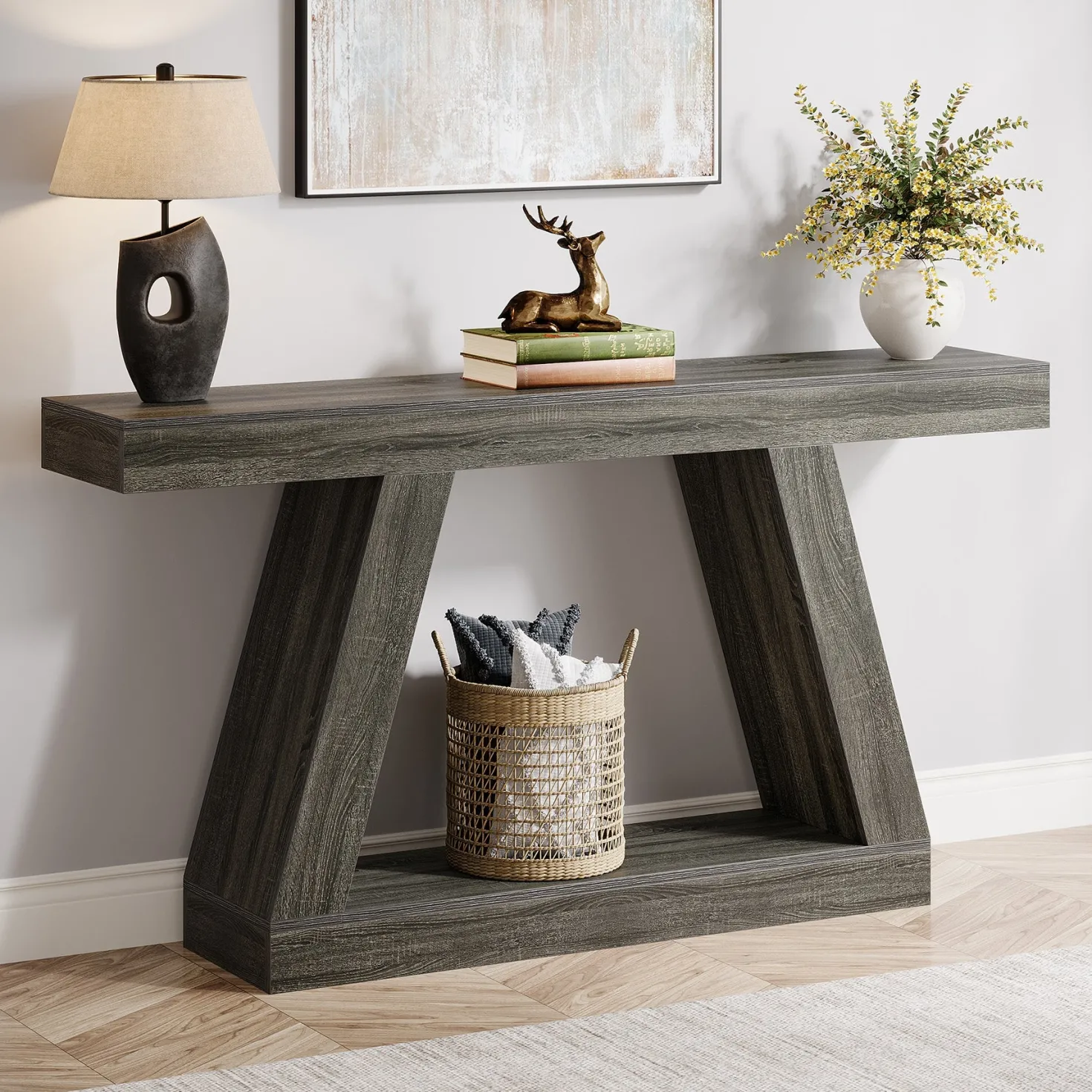 Farmhouse Console Table, 55" Sofa Table with Storage
