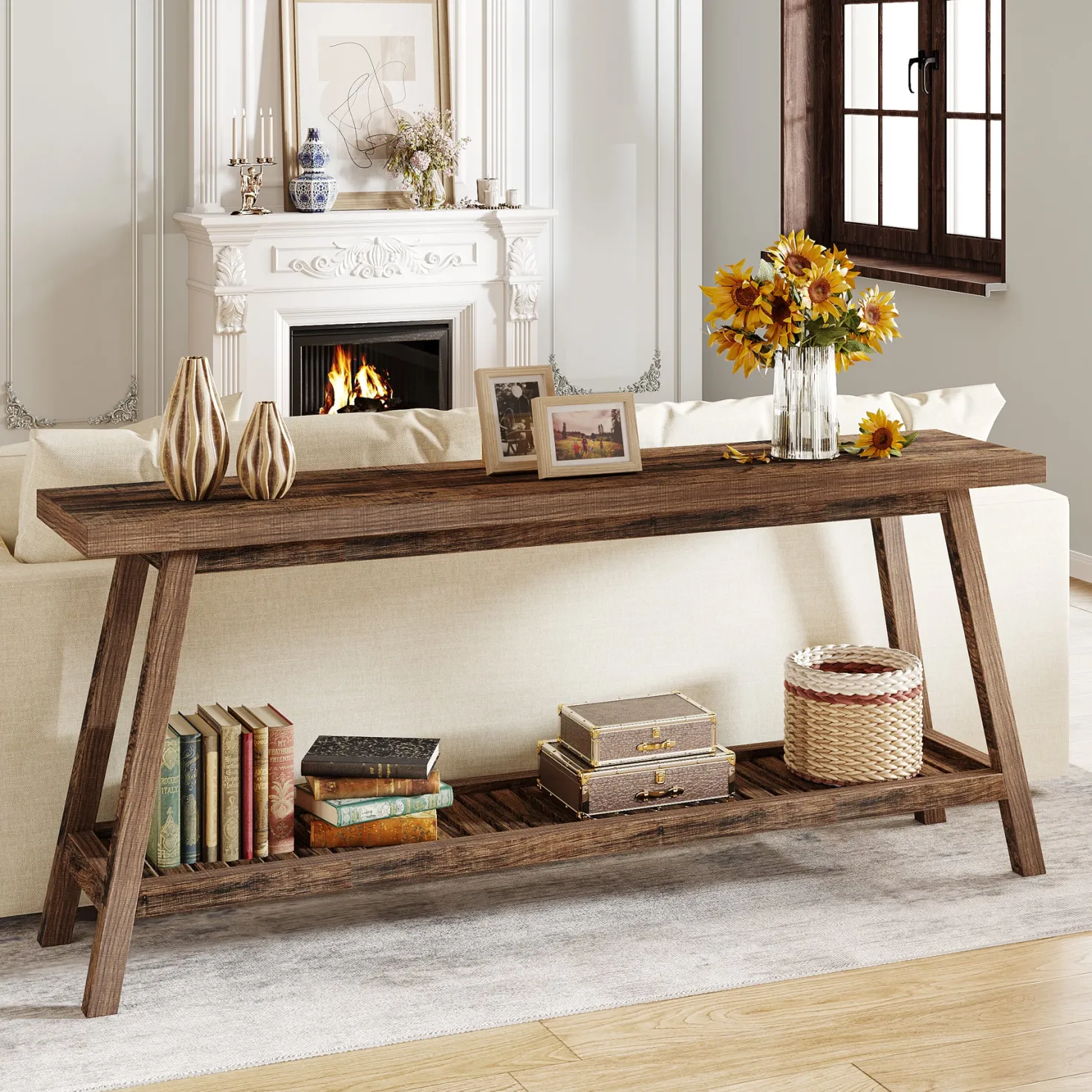 Farmhouse Console Table, 70.9" Entryway Table 2-Tier Sofa Table