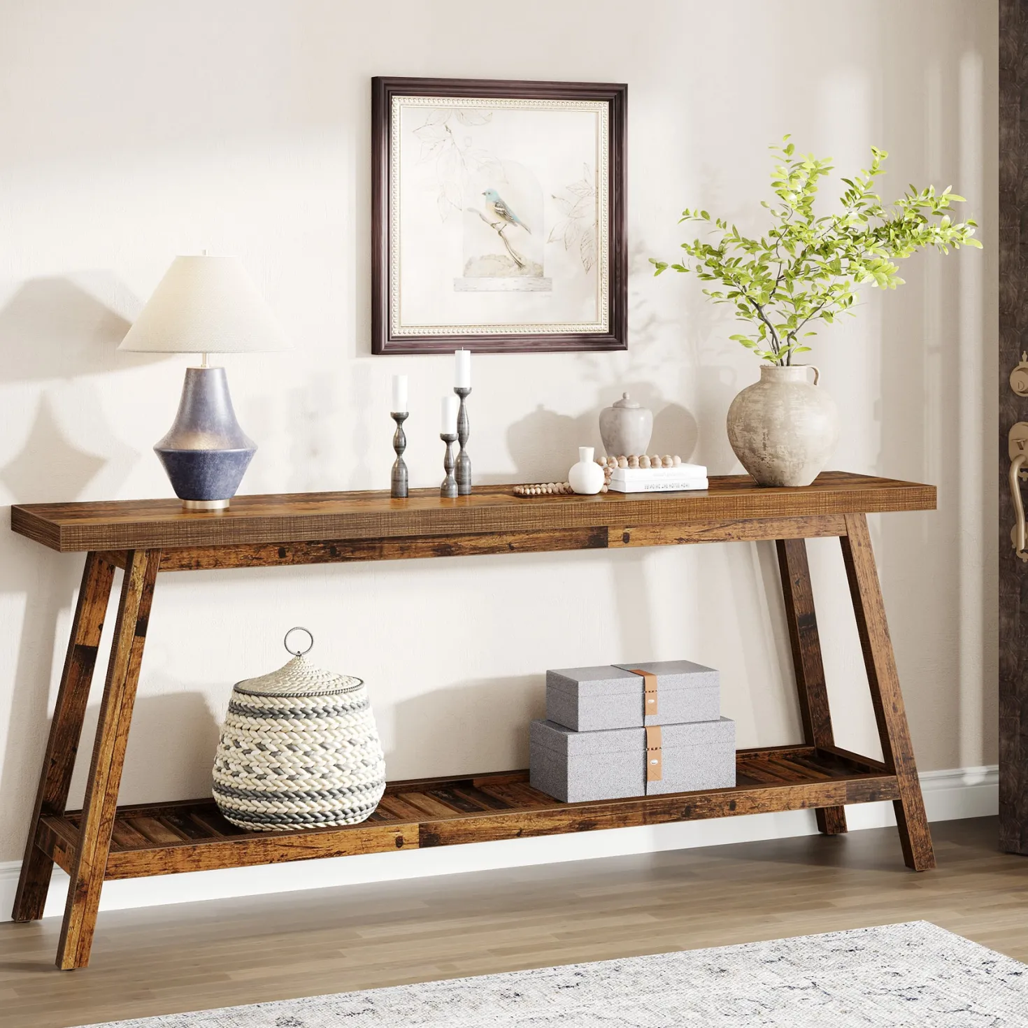 Farmhouse Console Table, 70.9" Entryway Table 2-Tier Sofa Table