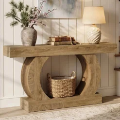 Farmhouse Console Table, 59" Entryway Table with Unique Circular Base for Hallway