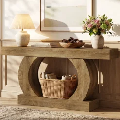 Farmhouse Console Table, 59" Entryway Table with Unique Circular Base for Hallway