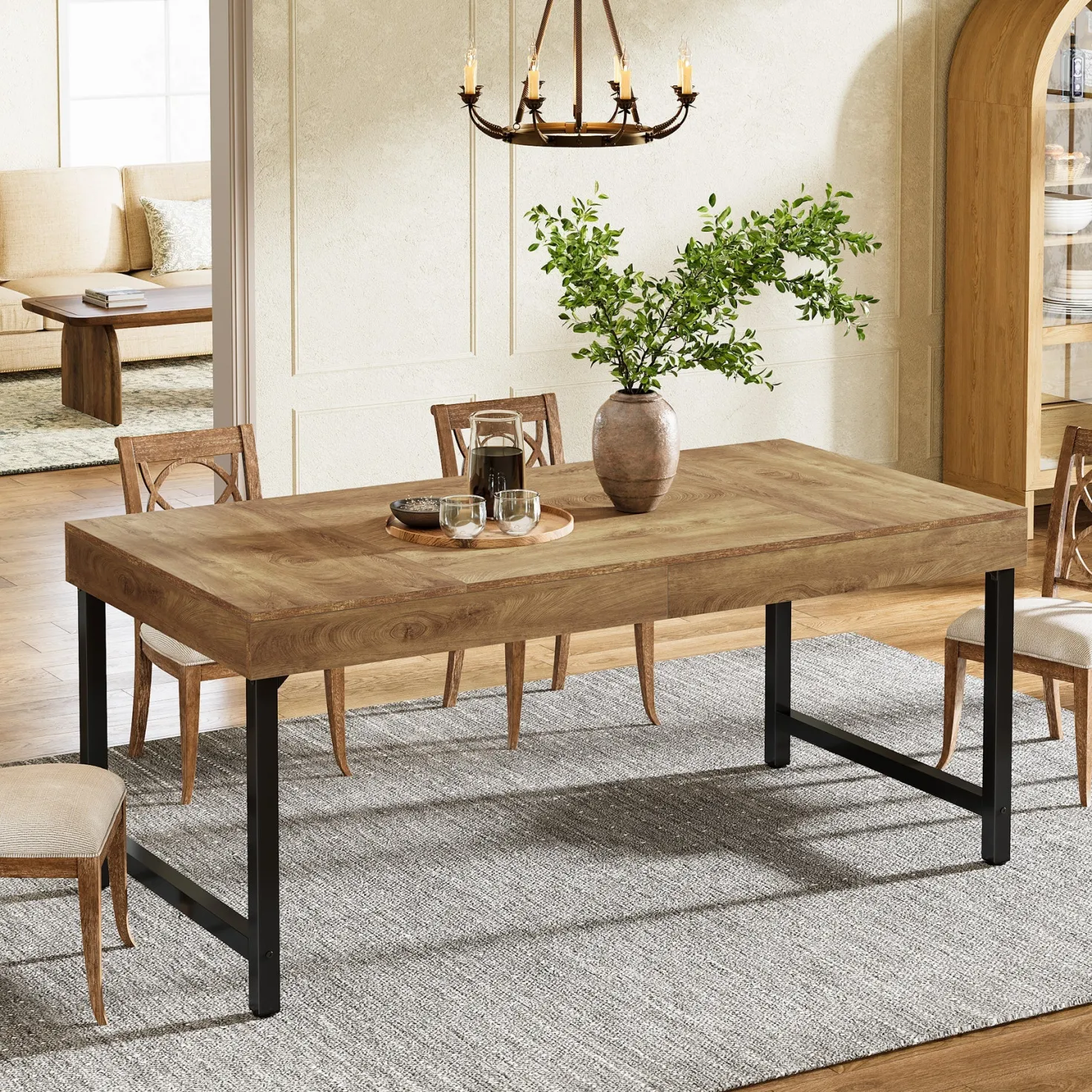 Farmhouse Dining Table, 55" Rectangular Kitchen Dinner Table for 4-6 People