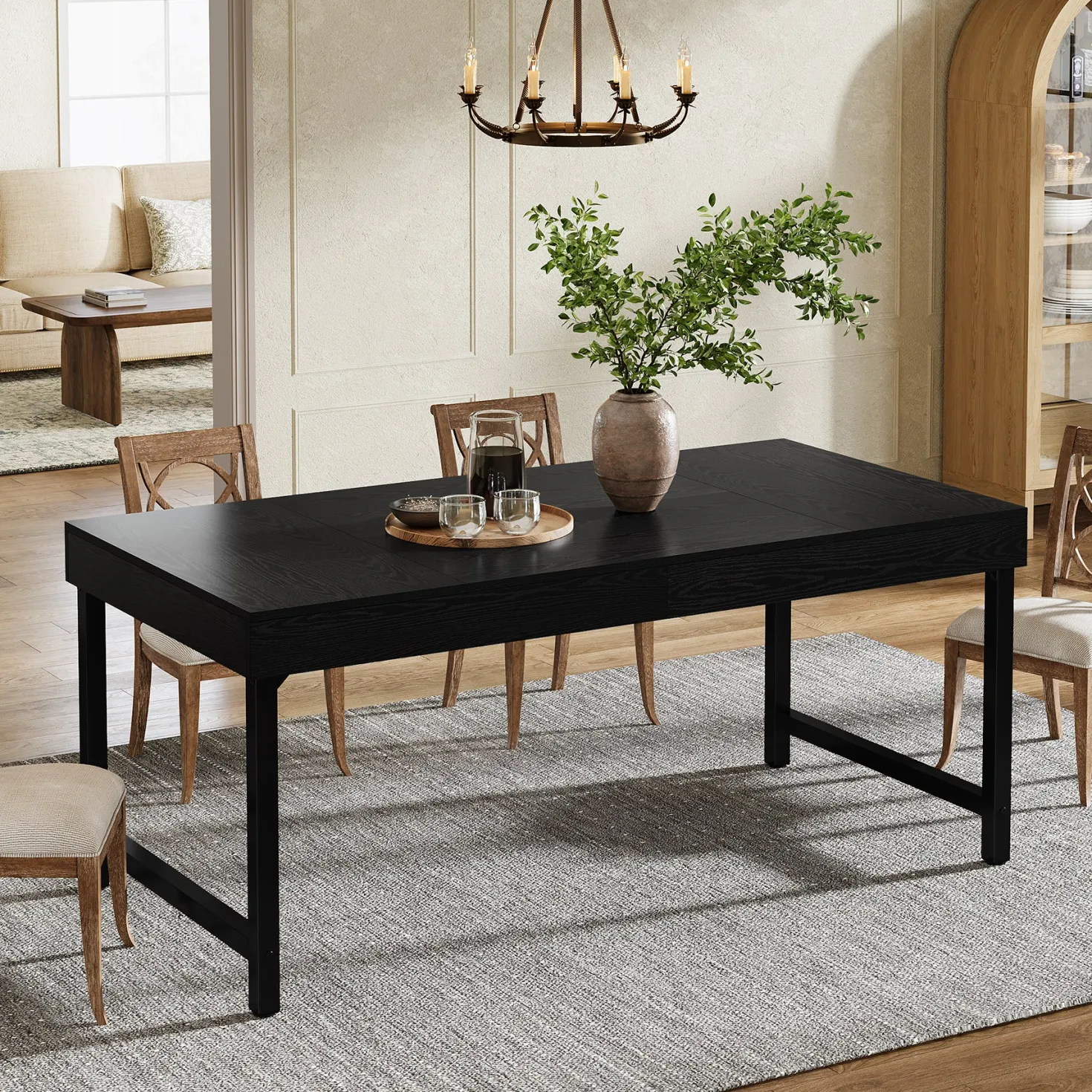 Farmhouse Dining Table, 55" Rectangular Kitchen Dinner Table for 4-6 People