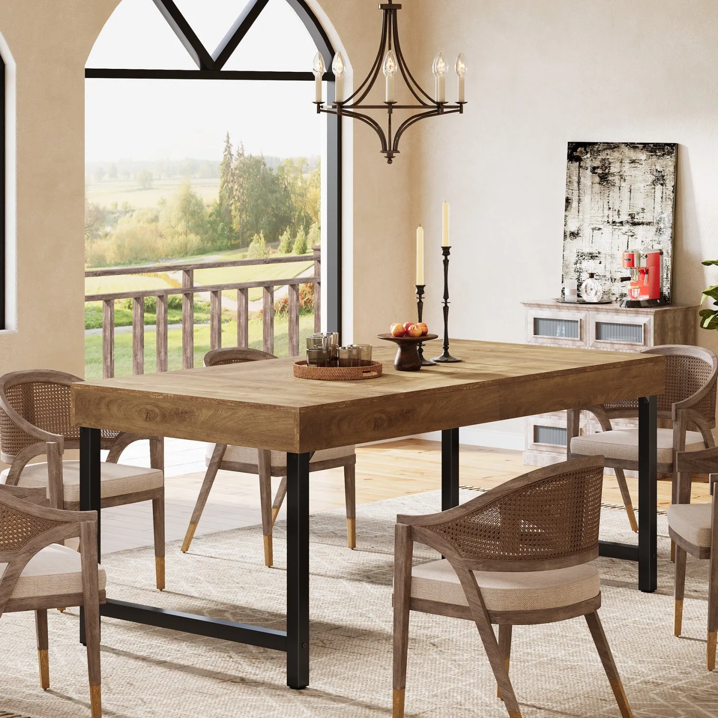 Farmhouse Dining Table, 55" Rectangular Kitchen Dinner Table for 4-6 People