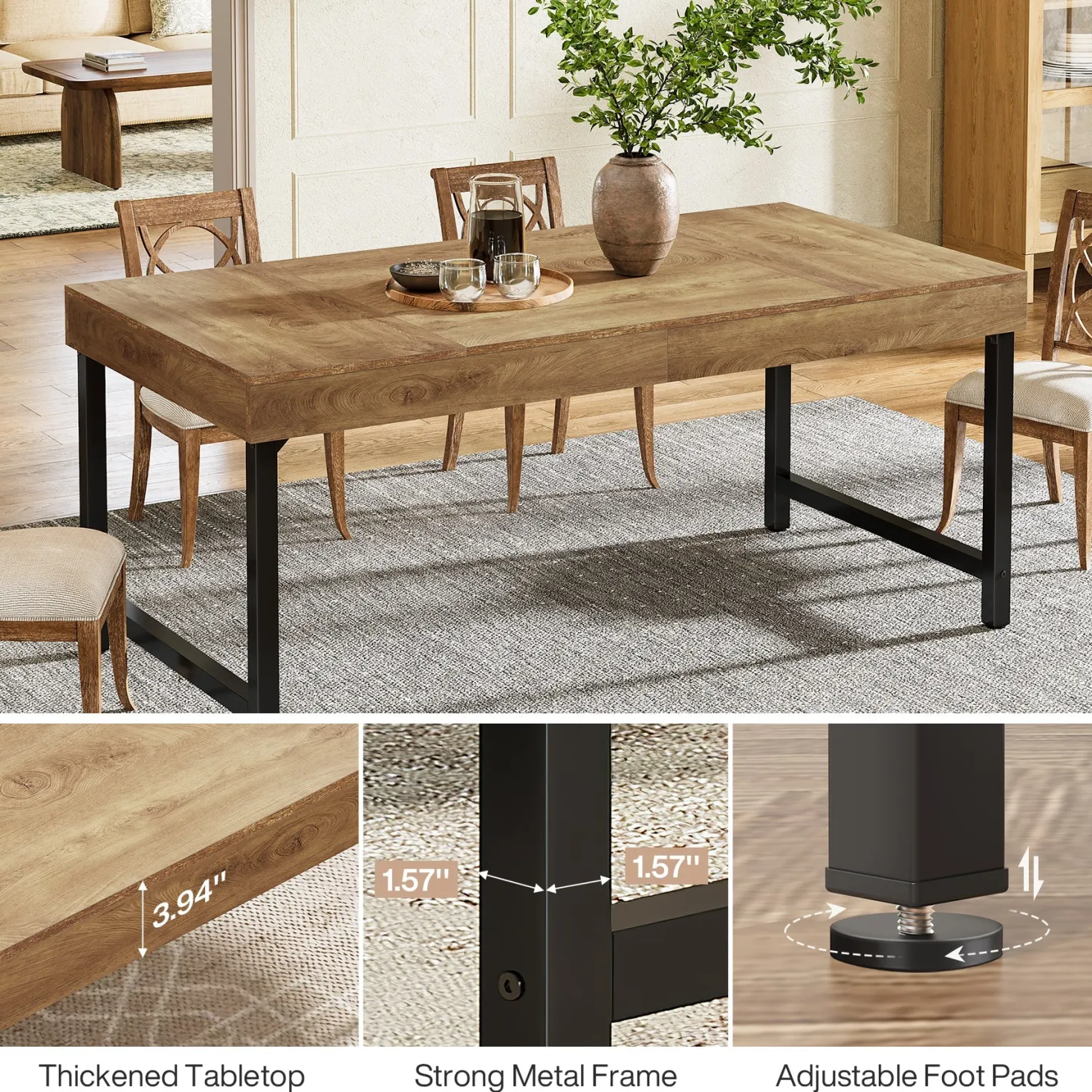 Farmhouse Dining Table, 55" Rectangular Kitchen Dinner Table for 4-6 People