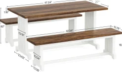 Farmhouse Dining Table Set, 47" Kitchen Table with 2 Benches