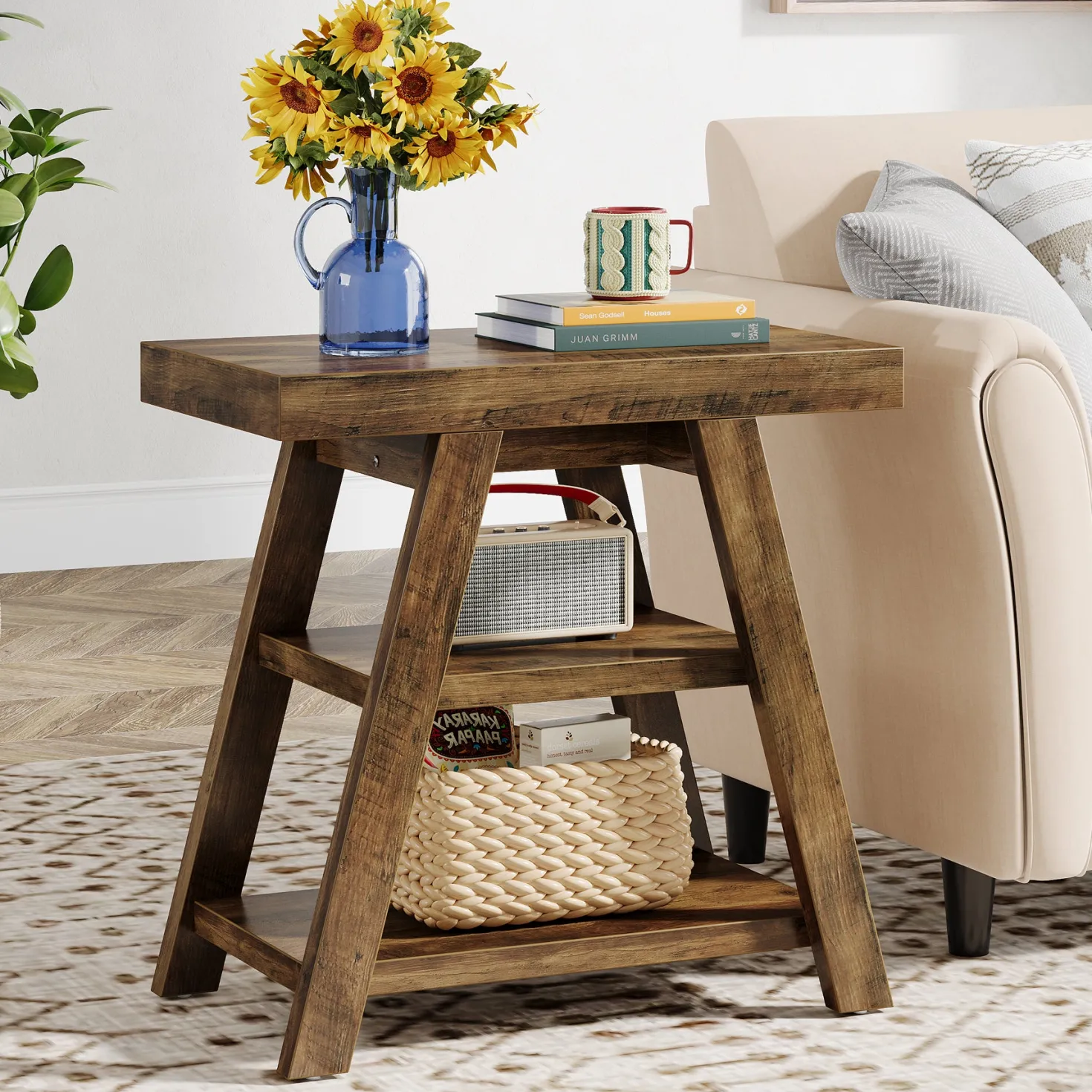 Farmhouse End Table, 3-Tier Sofa Side Table with Storage Shelf for Living Room