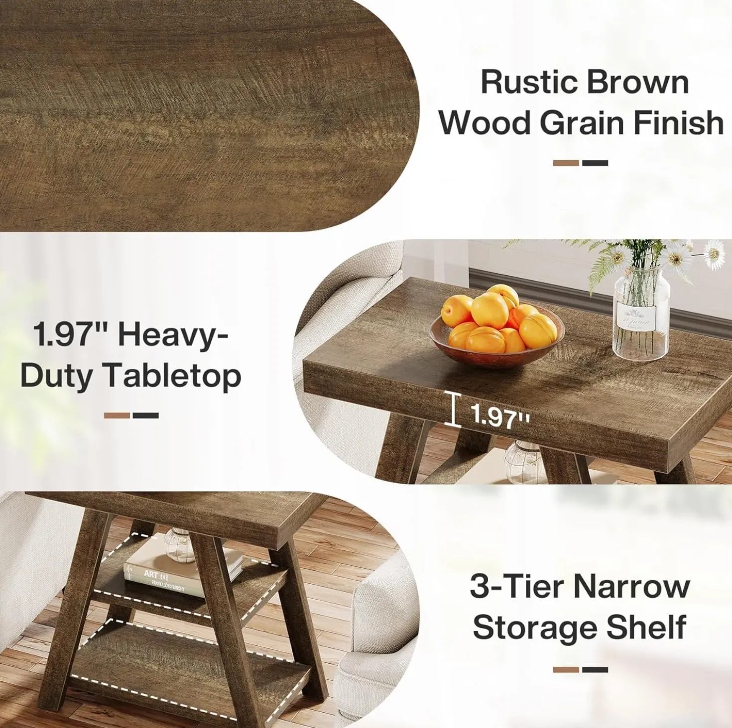 Farmhouse End Table, 3-Tier Sofa Side Table with Storage Shelf for Living Room