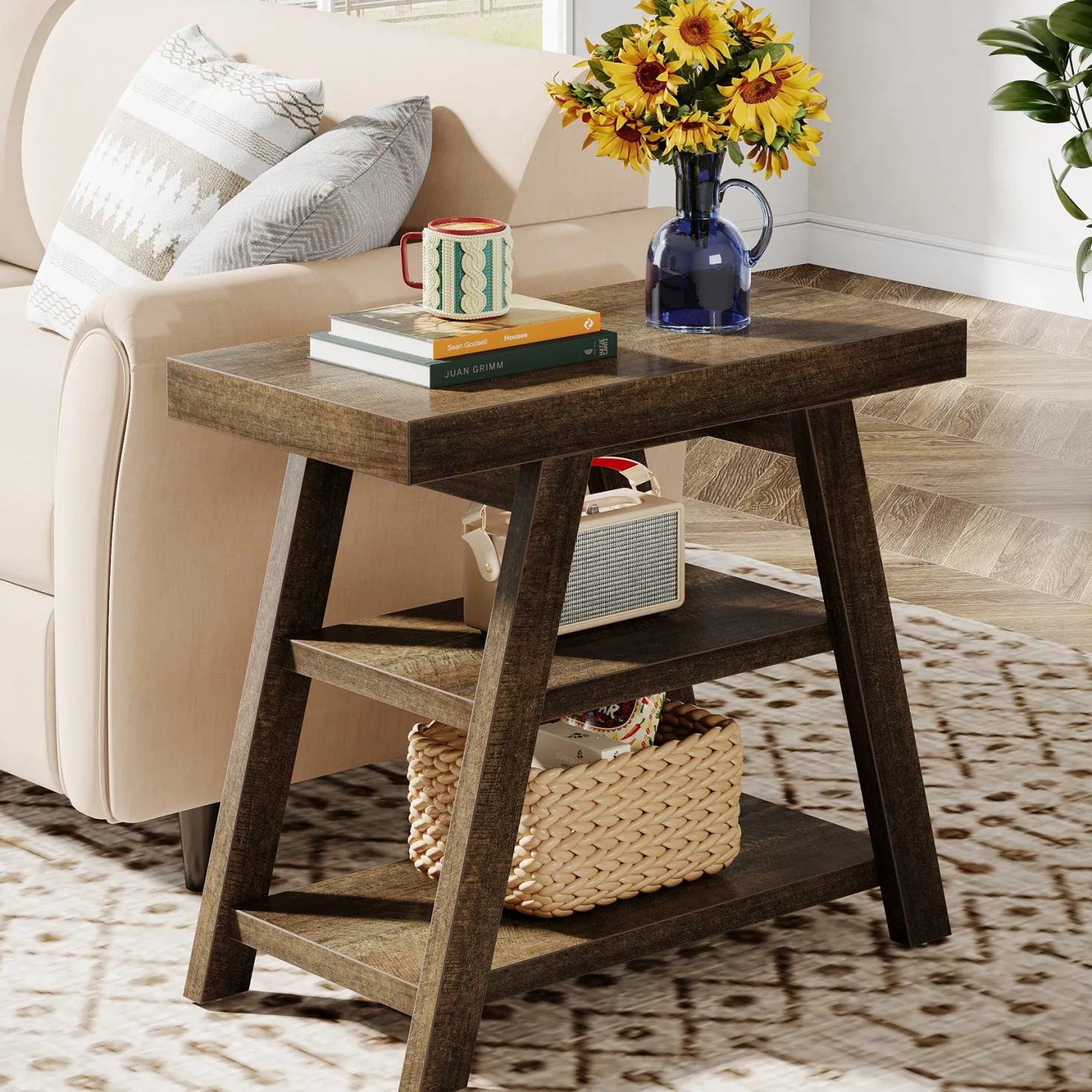 Farmhouse End Table, 3-Tier Sofa Side Table with Storage Shelf for Living Room