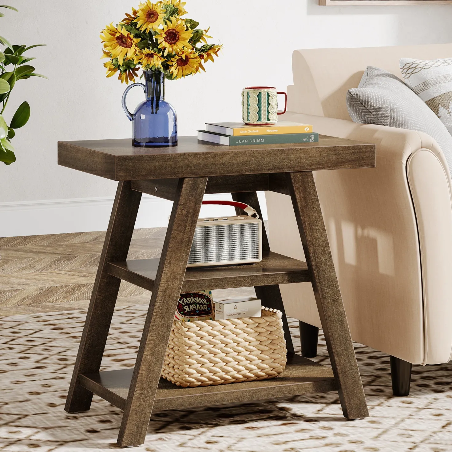 Farmhouse End Table, 3-Tier Sofa Side Table with Storage Shelf for Living Room