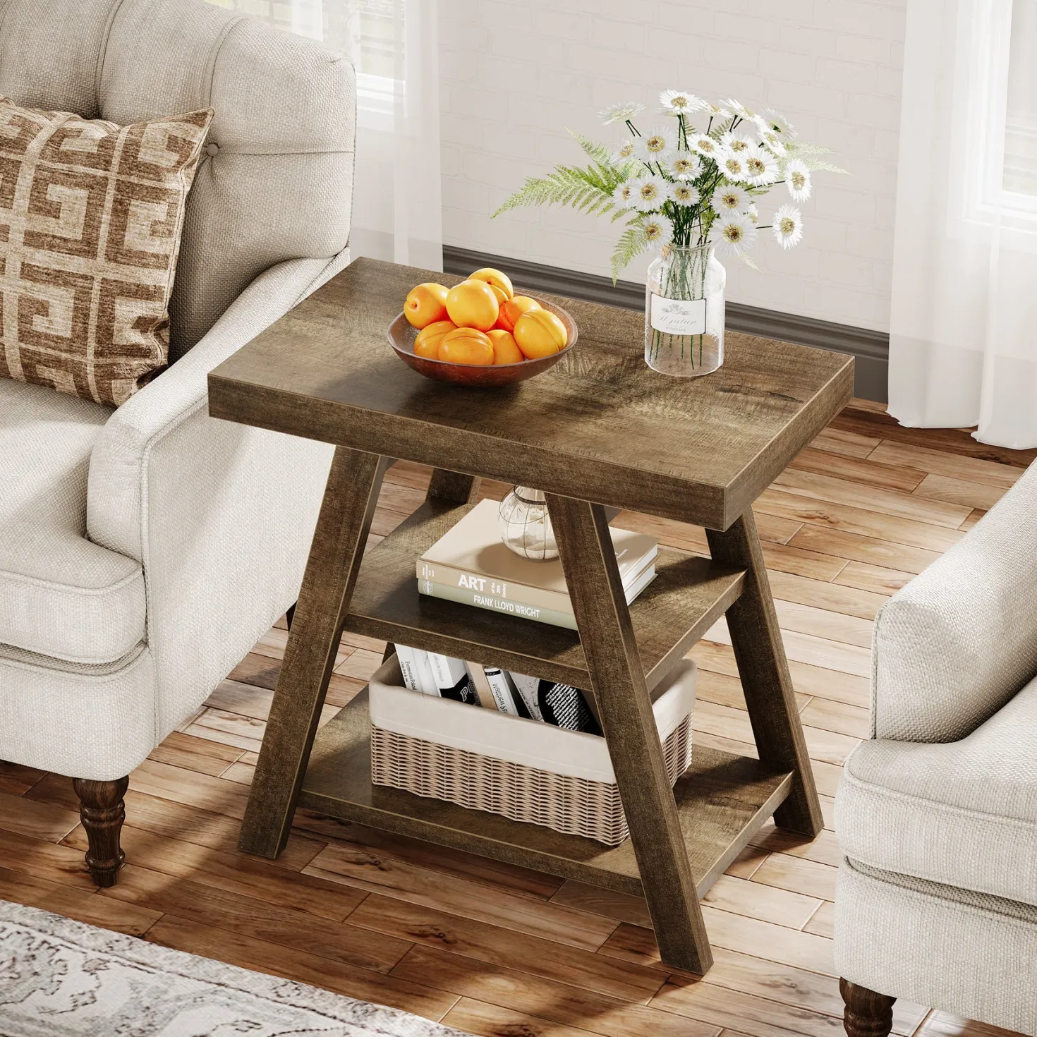 Farmhouse End Table, 3-Tier Sofa Side Table with Storage Shelf for Living Room