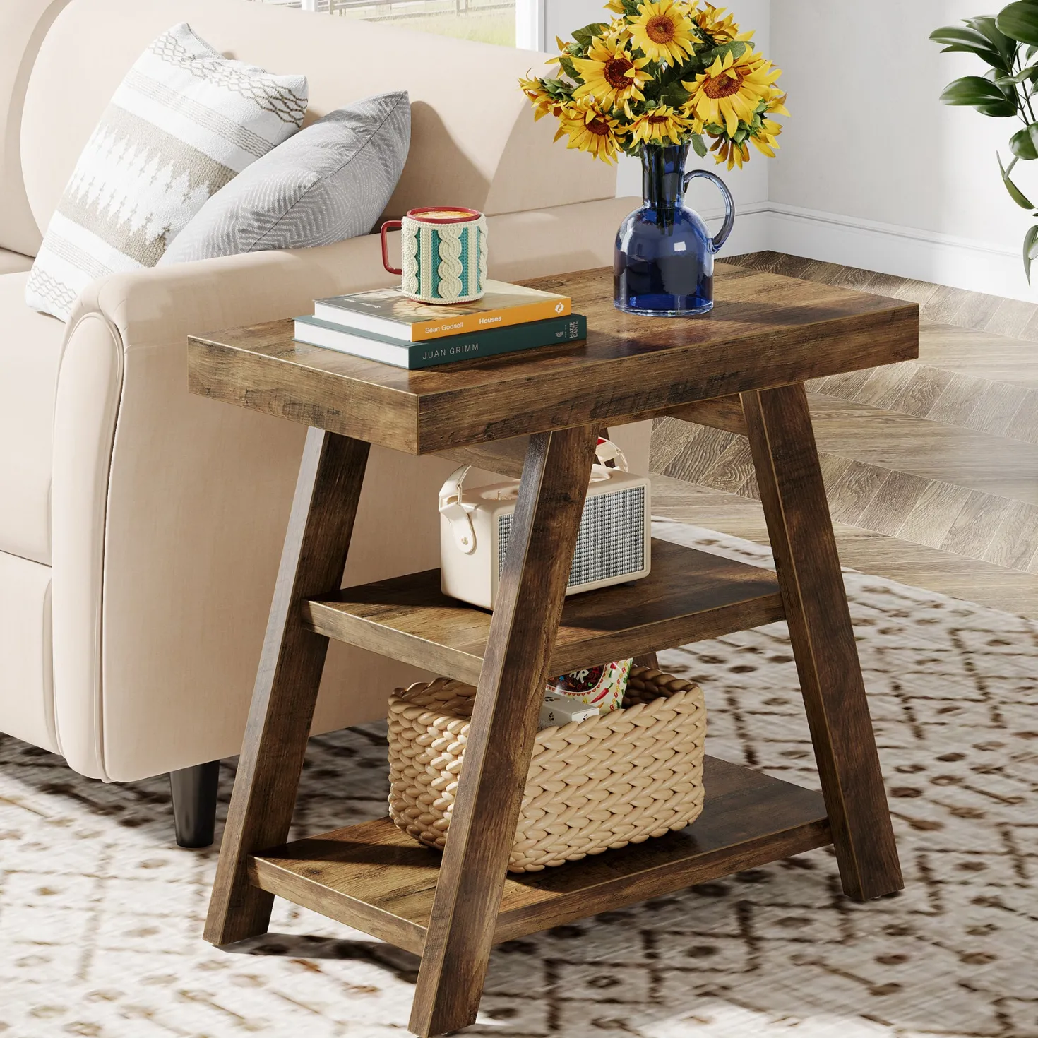 Farmhouse End Table, 3-Tier Sofa Side Table with Storage Shelf for Living Room