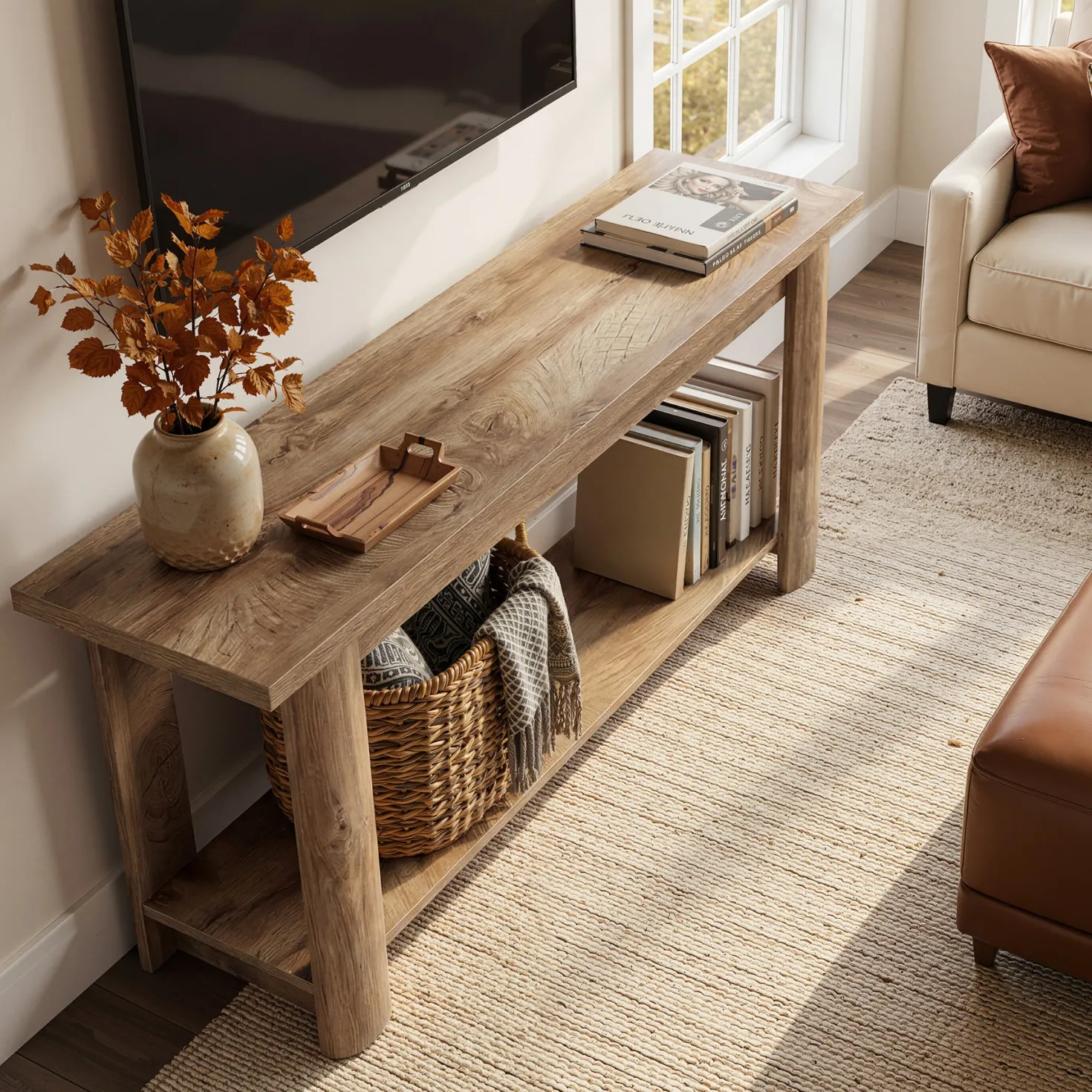 Farmhouse TV Stand for up to 65" TVs, Rustic Entertainment Center with 2-Tier Open Storage
