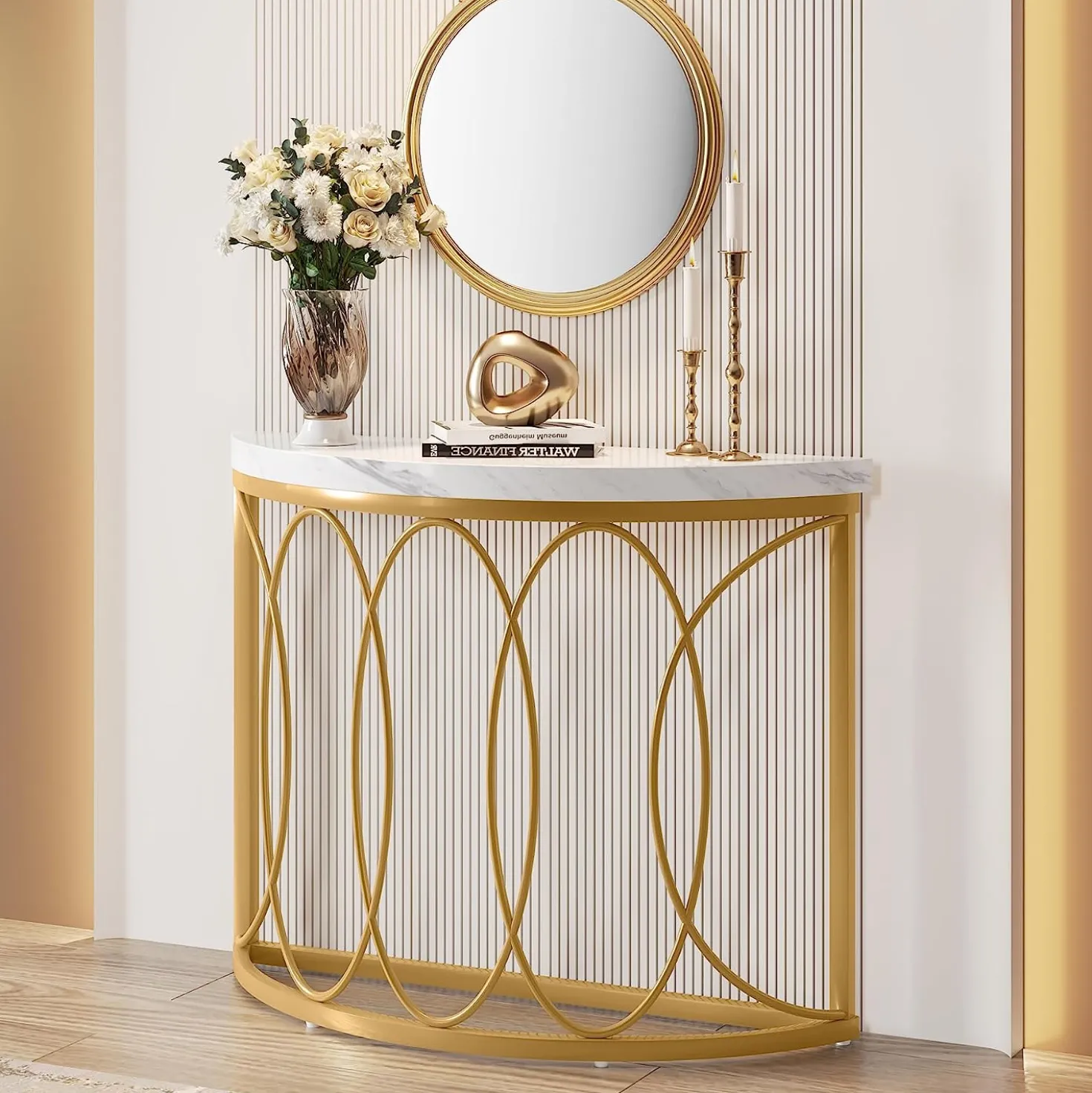 Faux Marble Console Table, 43" Half Moon Sofa Entryway Table