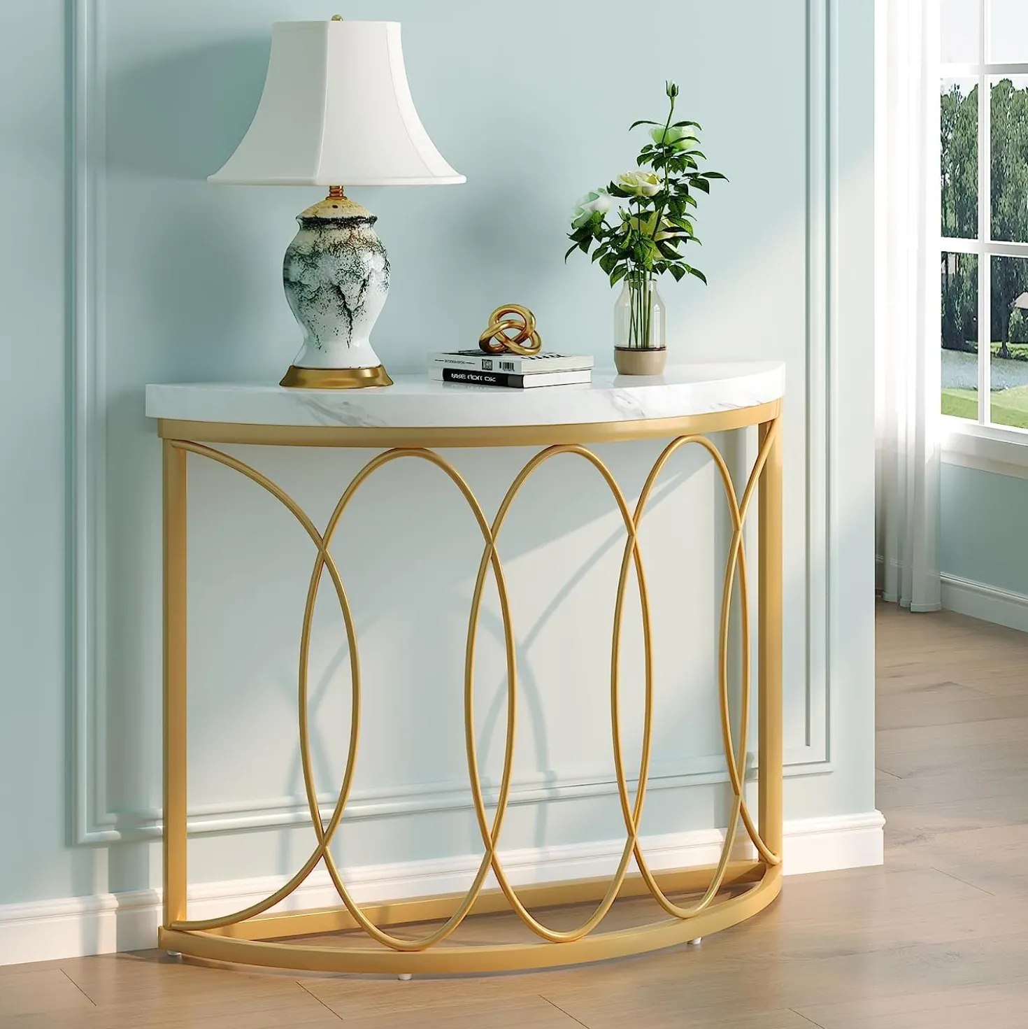 Faux Marble Console Table, 43" Half Moon Sofa Entryway Table