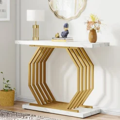 Faux Marble Console Table, 40" Accent Sofa Table with Geometric Metal Base