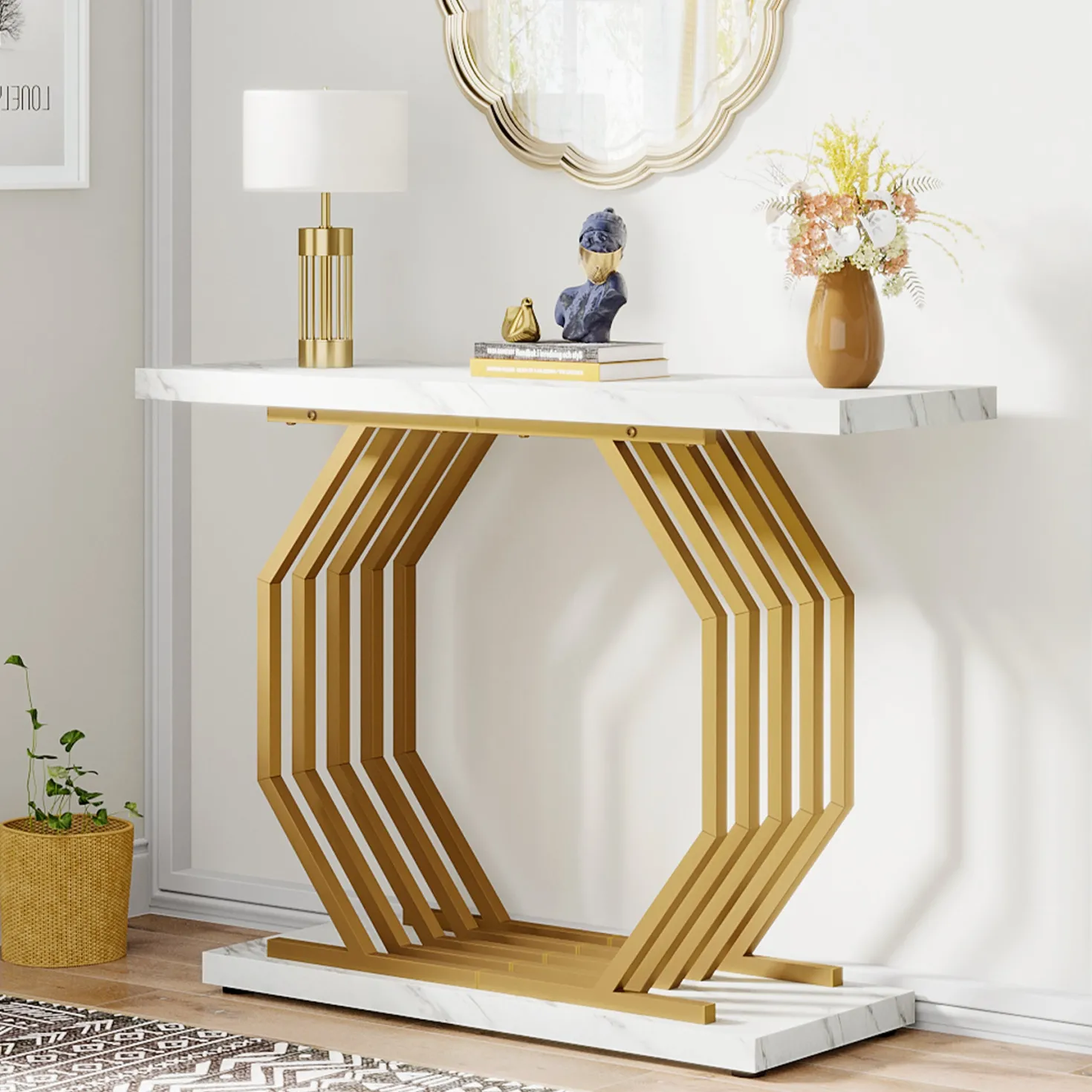 Faux Marble Console Table, 40" Accent Sofa Table with Geometric Metal Base