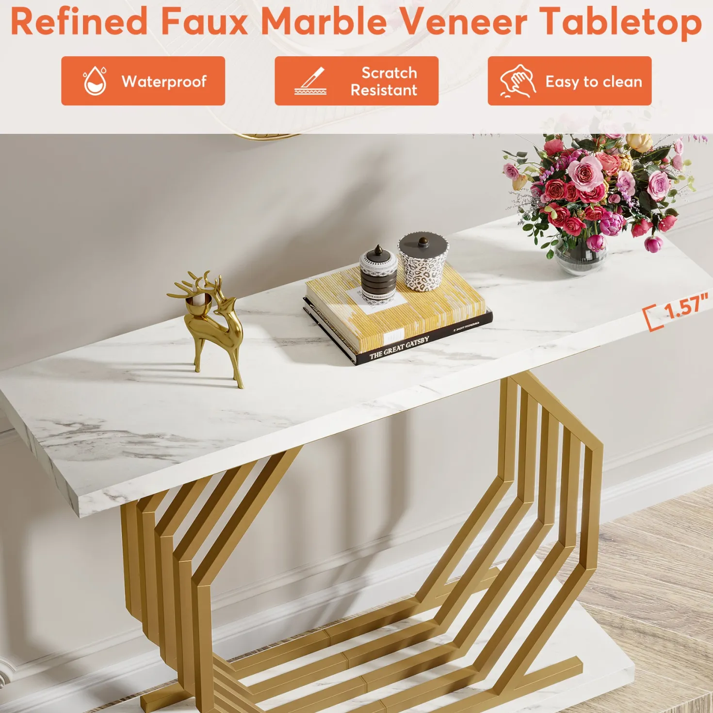 Faux Marble Console Table, 40" Accent Sofa Table with Geometric Metal Base