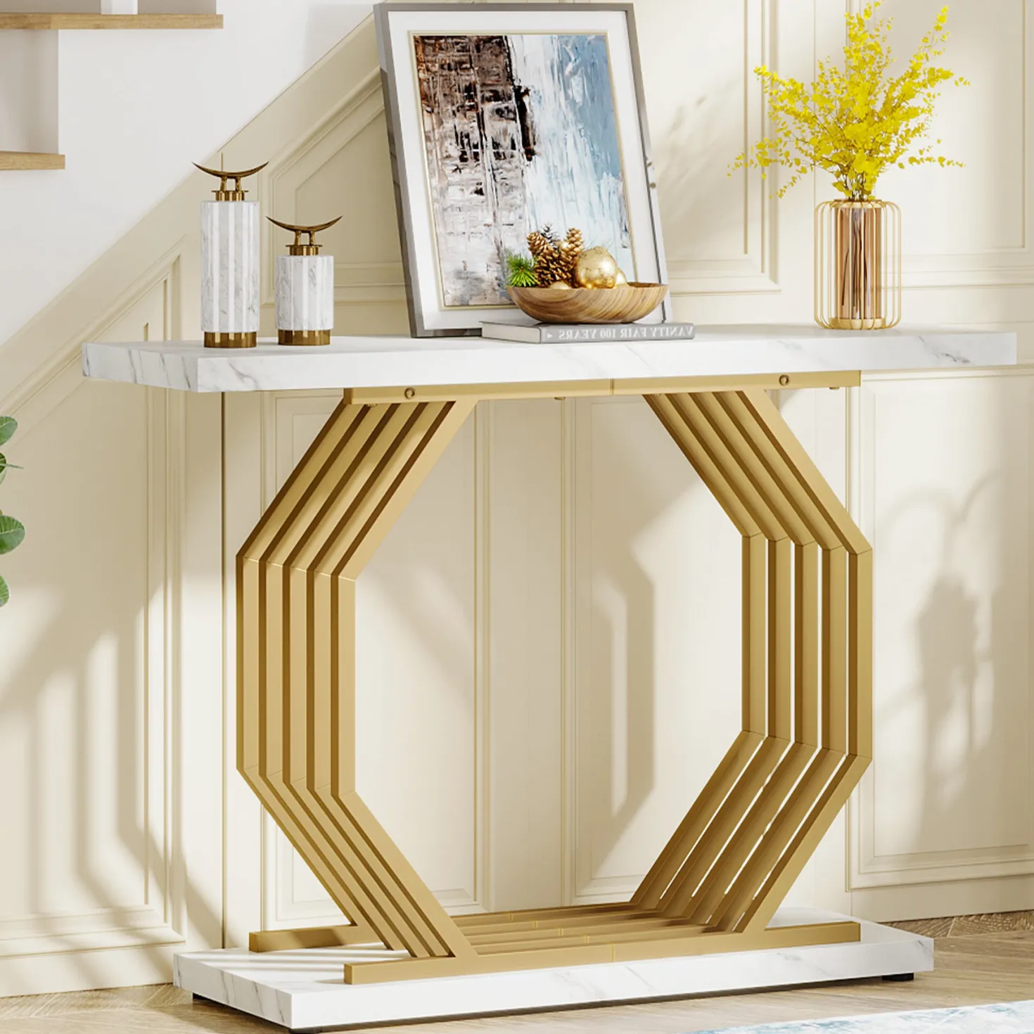 Faux Marble Console Table, 40" Accent Sofa Table with Geometric Metal Base