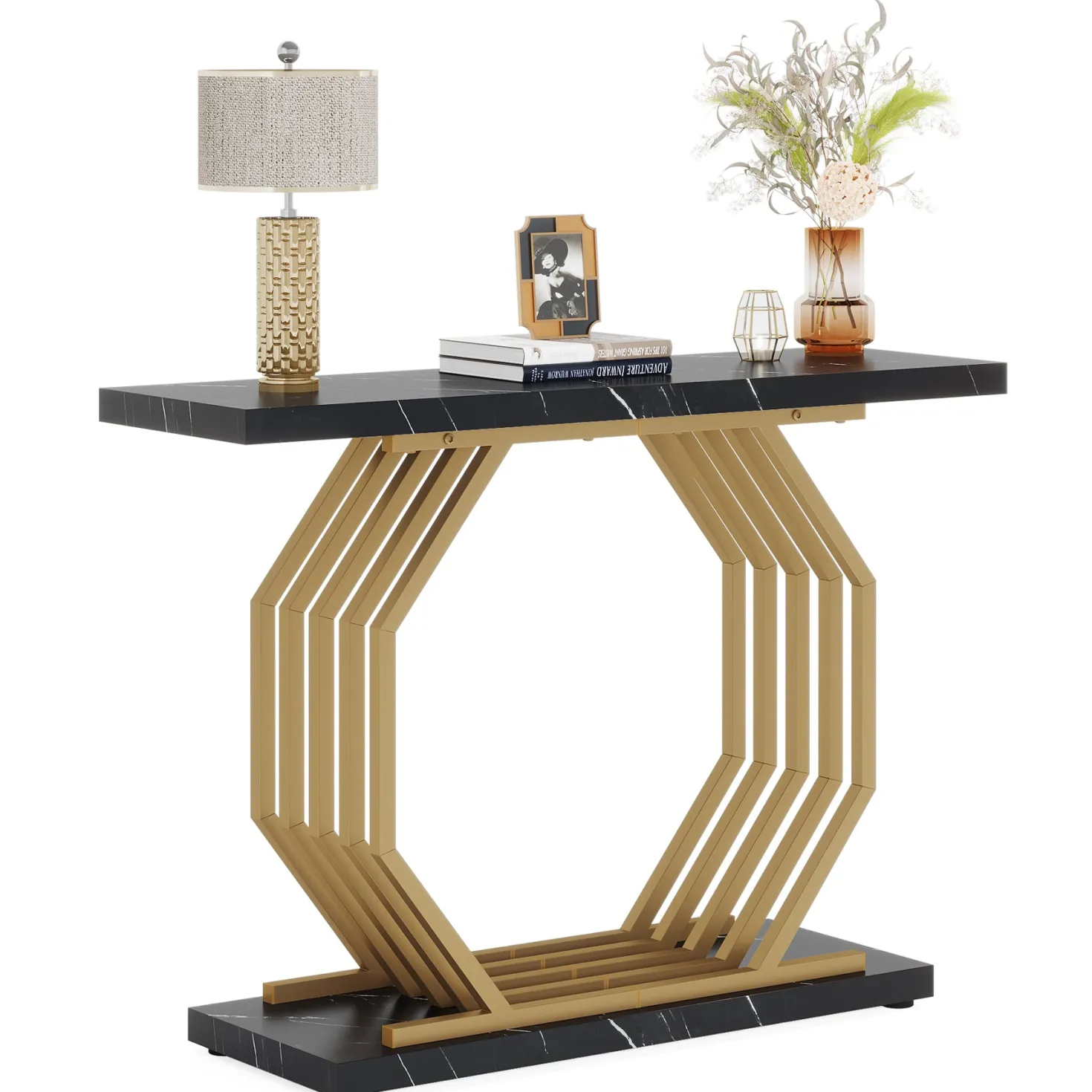 Faux Marble Console Table, 40" Accent Sofa Table with Geometric Metal Base