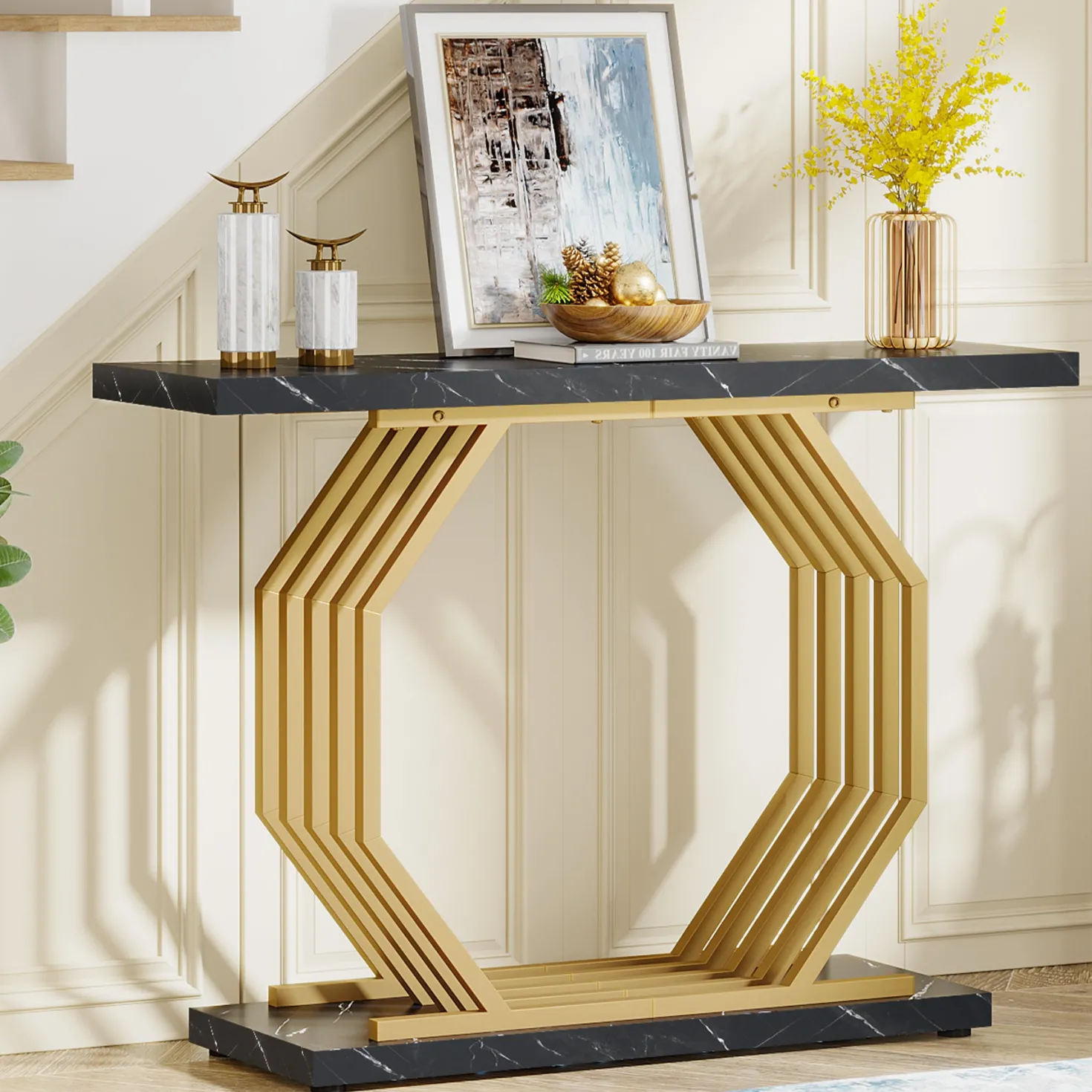 Faux Marble Console Table, 40" Accent Sofa Table with Geometric Metal Base