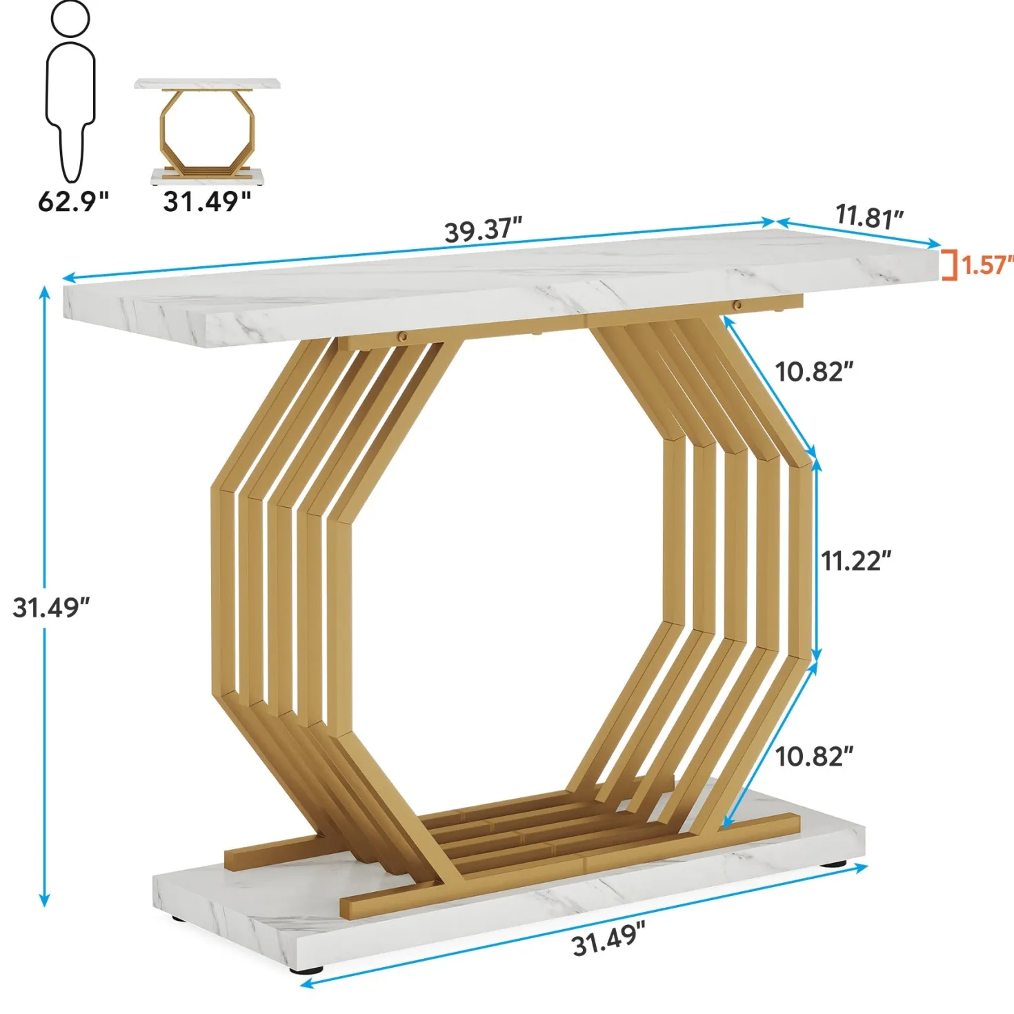Faux Marble Console Table, 40" Accent Sofa Table with Geometric Metal Base