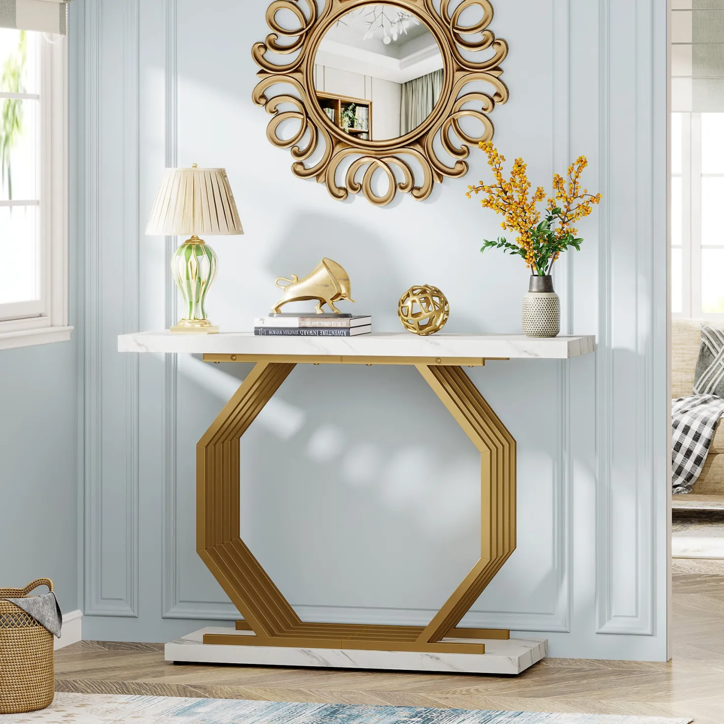 Faux Marble Console Table, 40" Accent Sofa Table with Geometric Metal Base