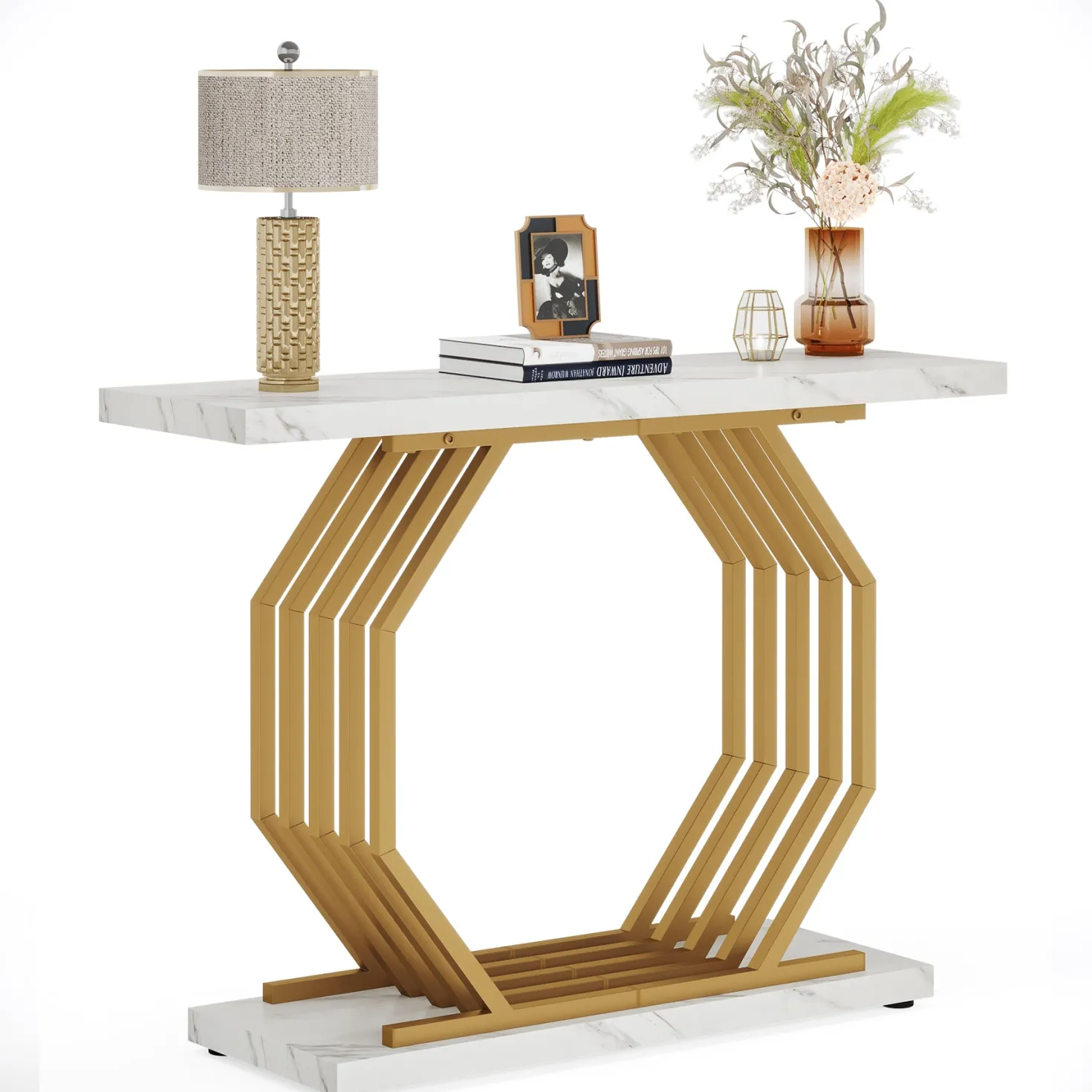 Faux Marble Console Table, 40" Accent Sofa Table with Geometric Metal Base